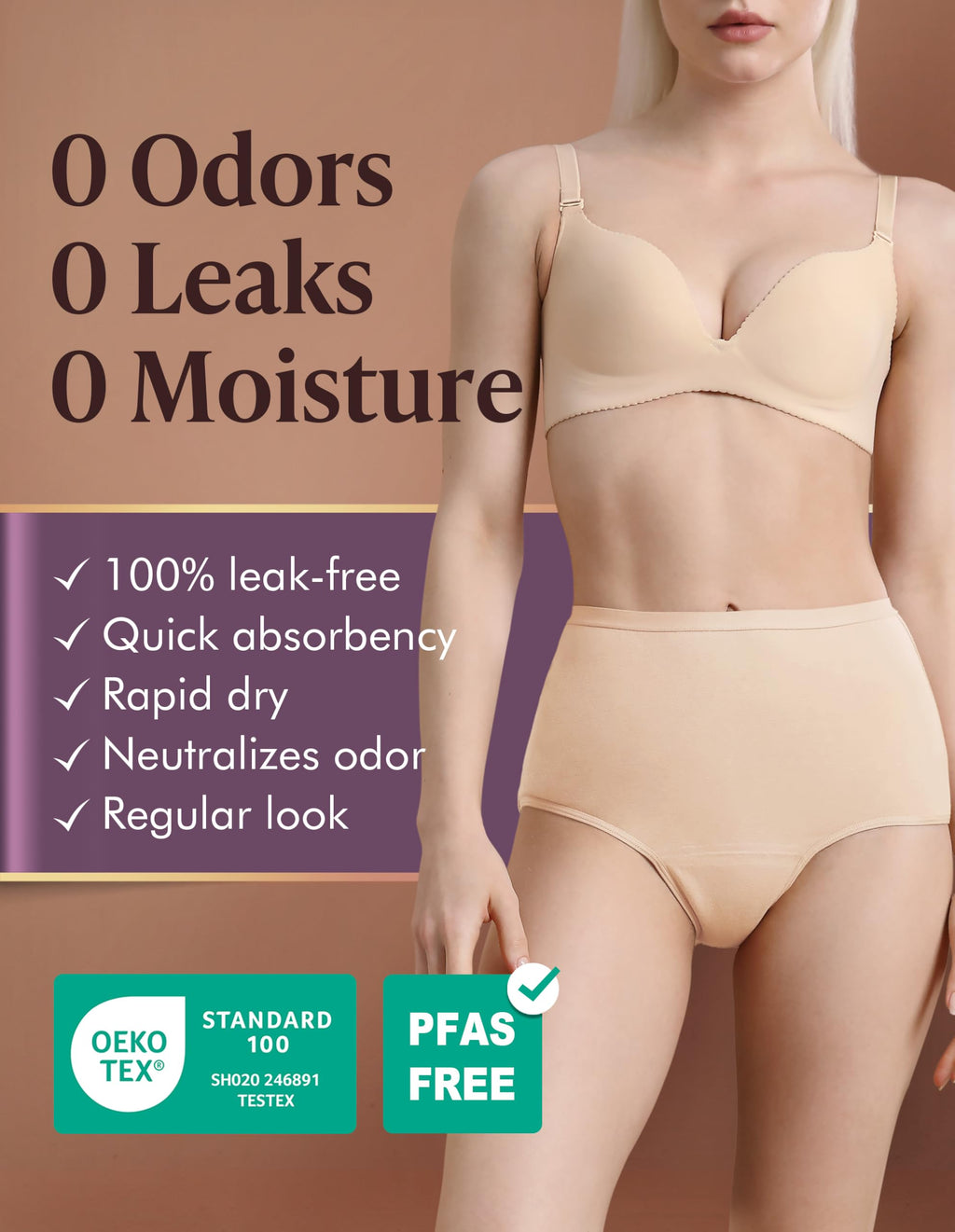 Washable Absorbency Urinary Incontinence Underwear for Women High Waist Leak Proof Panties 60ML, 3 Pack Beige White O22669