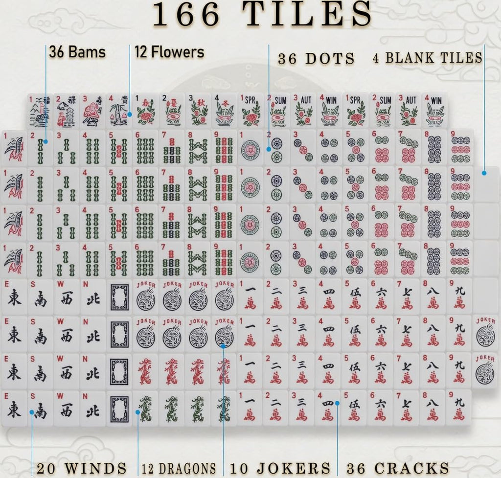 Complete American Mahjong Set with 166 Tiles, Racks, Pushers, Dice, Chips, Instructions & Bag G977
