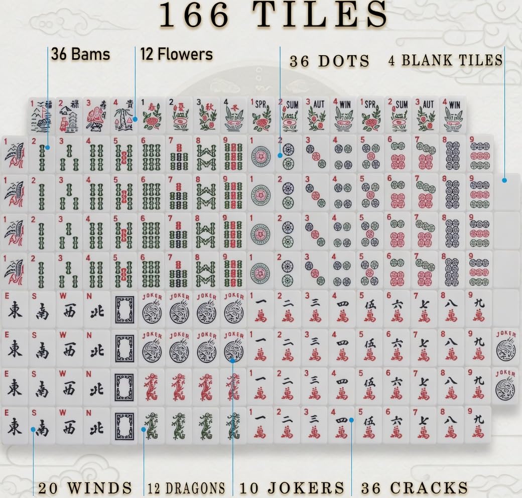 Complete American Mahjong Set with 166 Tiles, Racks, Pushers, Dice, Chips, Instructions & Bag G977