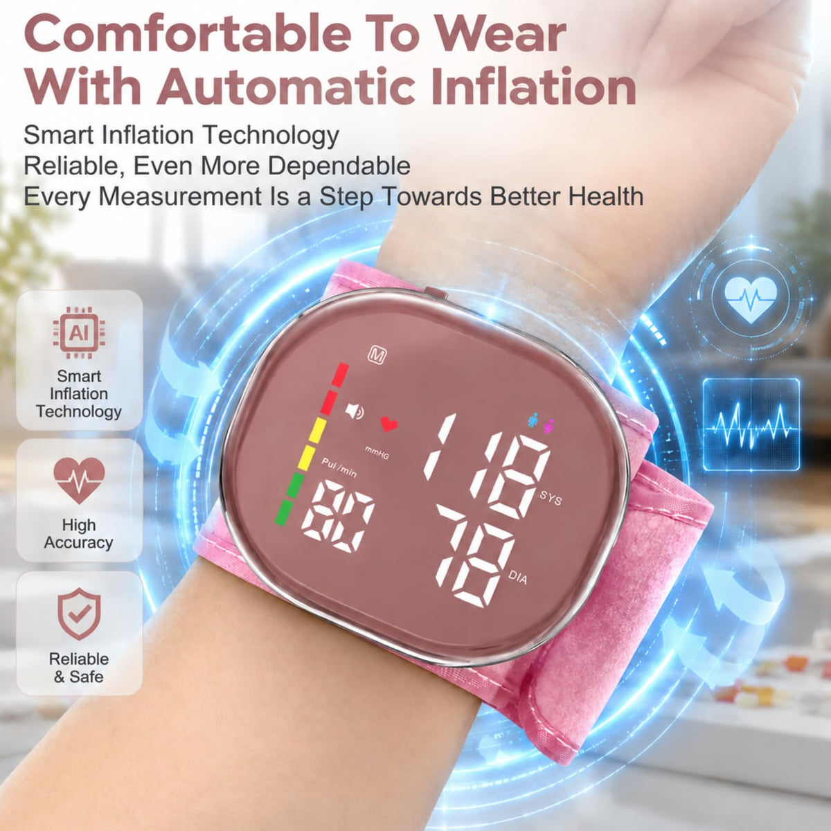 Pink Rechargeable Wrist Blood Pressure Monitor W2815