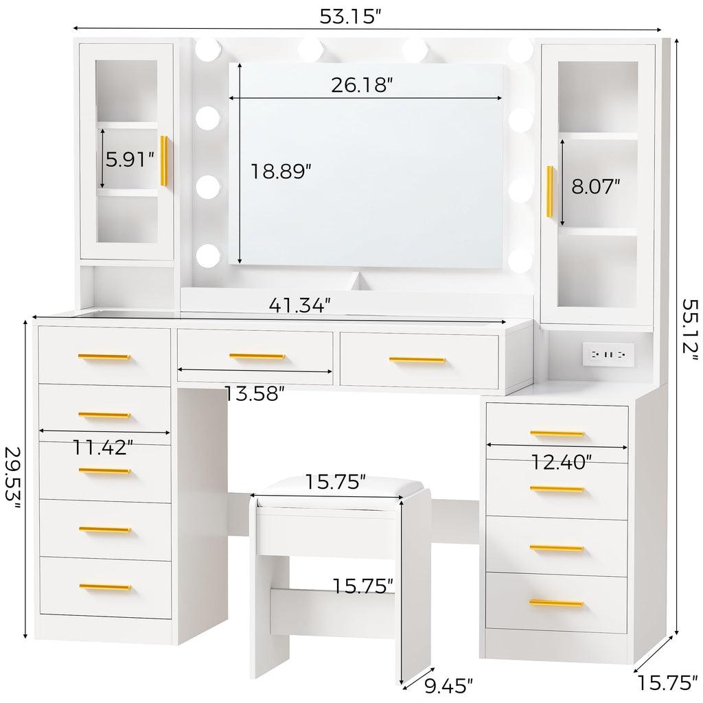 White Glass Top Vanity Desk with Mirror and Lights C57559