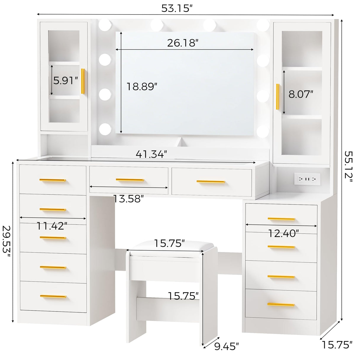 White Glass Top Vanity Desk with Mirror and Lights C57559