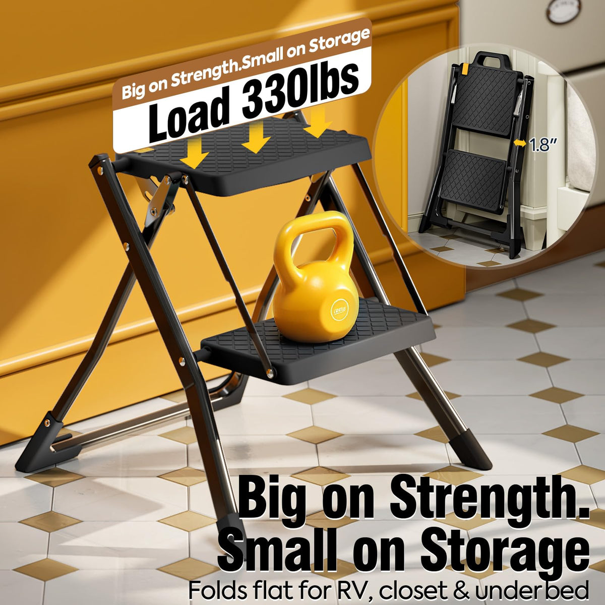 2 Step Folding Stool Ladder 330lb Cap Black Z63943