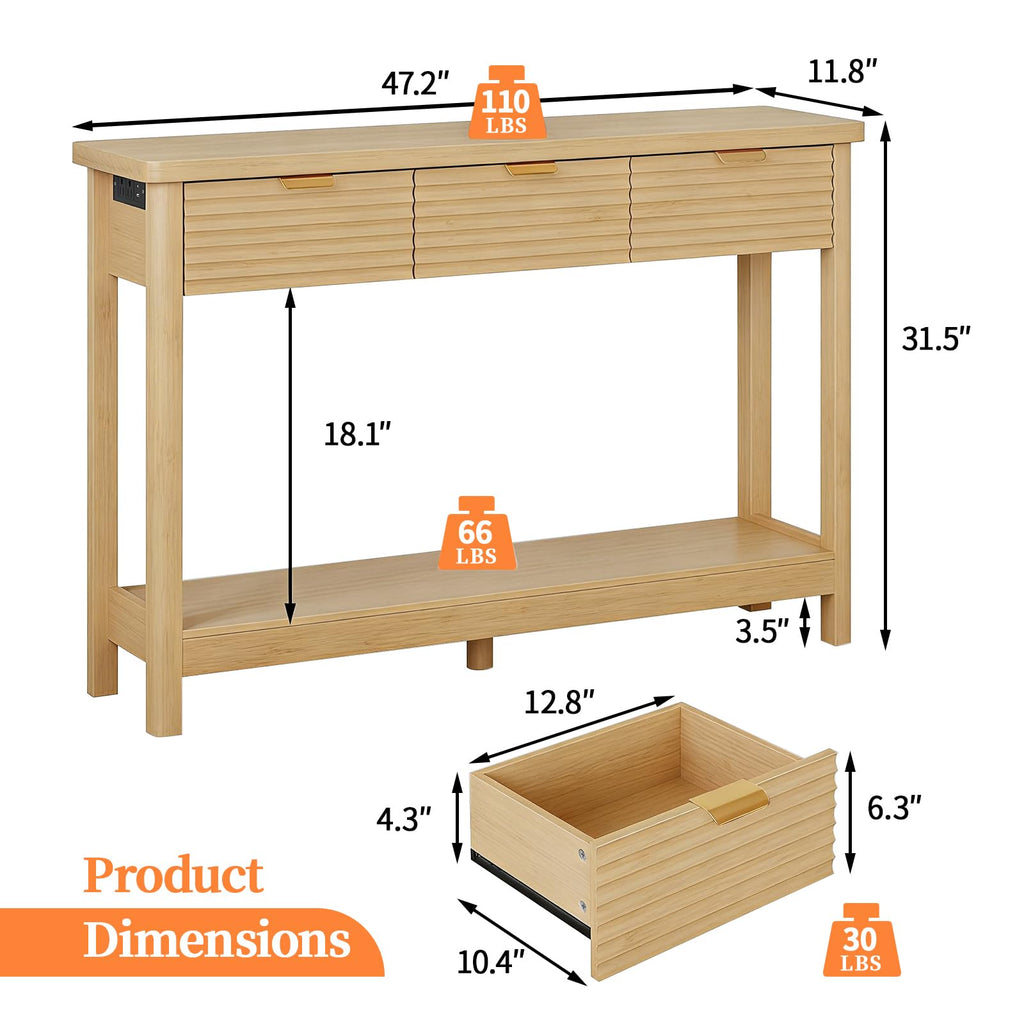 47.2" Narrow Console Table with 3 Drawers & Charging Station, Oak P321
