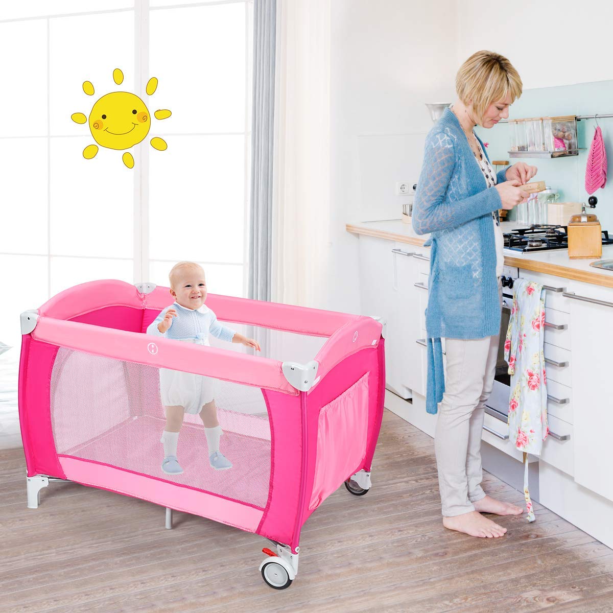4 in 1 Pink Pack and Play with Bassinet P3416