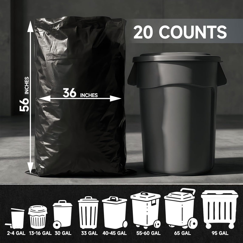 55 Gallon 2 Mil Black Heavy Duty Trash Bags, 20 Count T486623