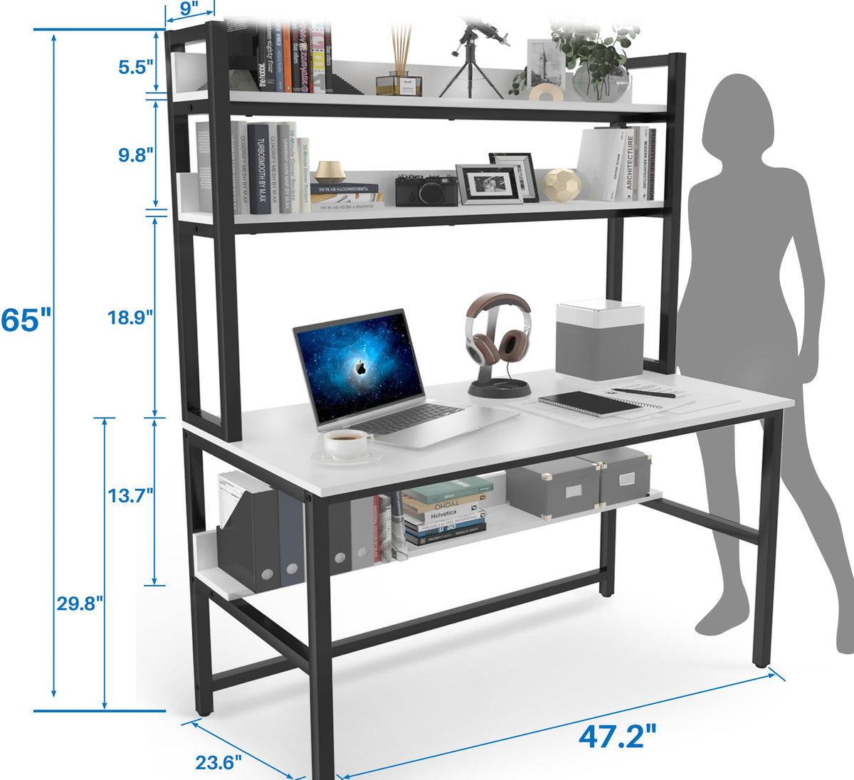 White Computer Desk with Hutch and Shelves D805586