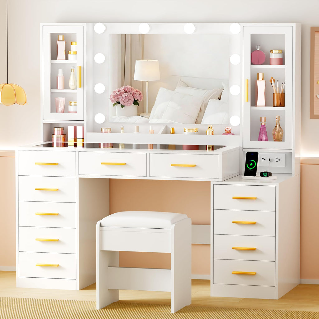 White Glass Top Vanity Desk with Mirror and Lights C57559
