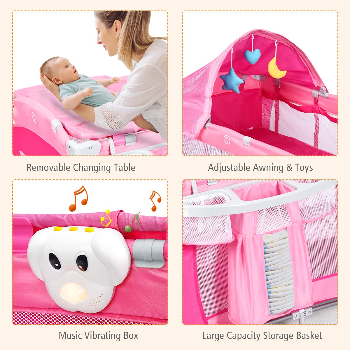 4 in 1 Pink Pack and Play with Bassinet P3416