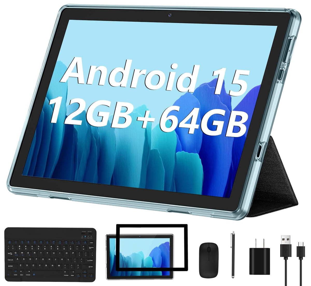 Android 15 Tablet 10 Inch 12GB RAM 64GB ROM 2 in 1 Blue Set J152914