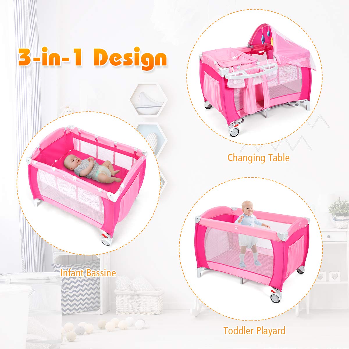 4 in 1 Pink Pack and Play with Bassinet P3416