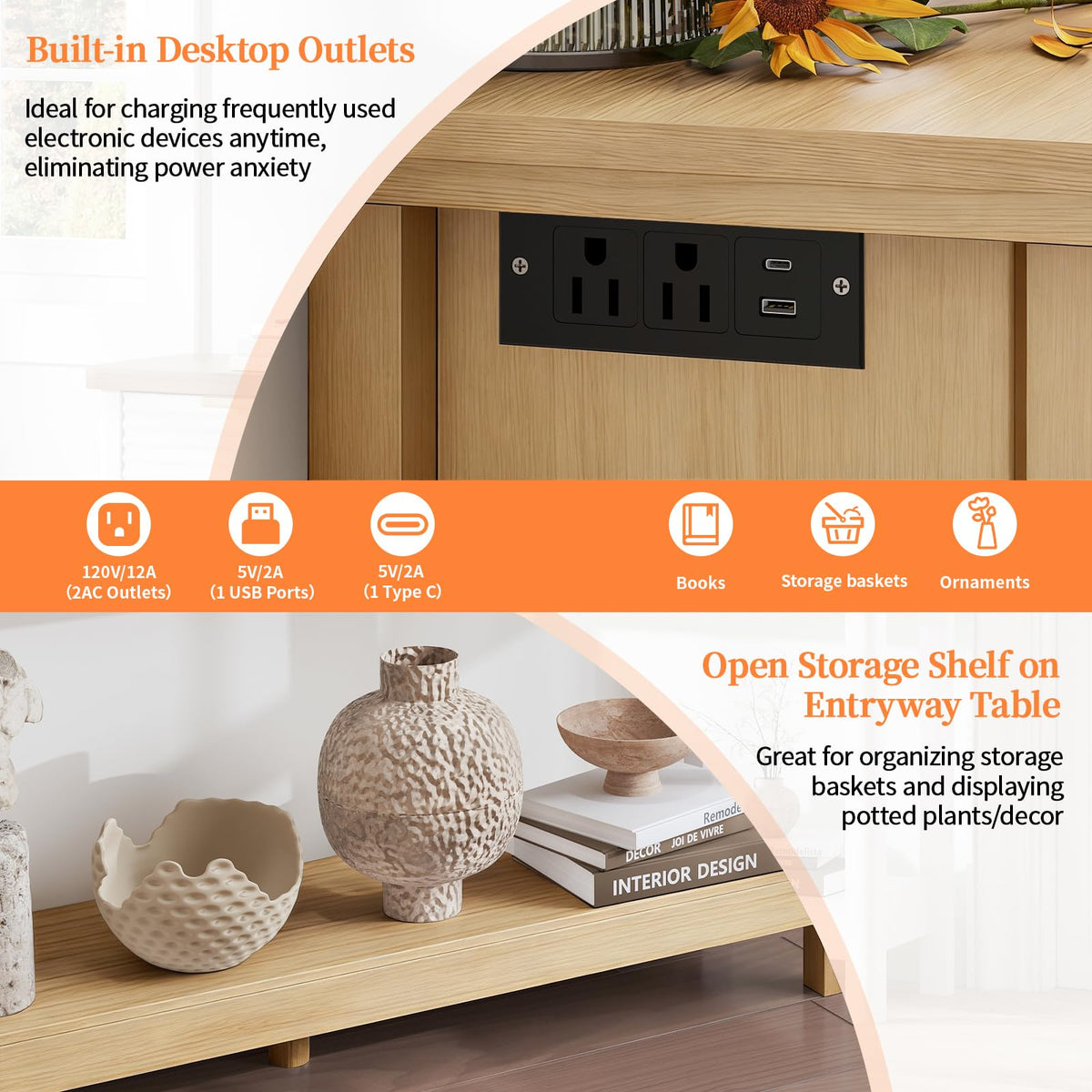 47.2" Narrow Console Table with 3 Drawers & Charging Station, Oak P321