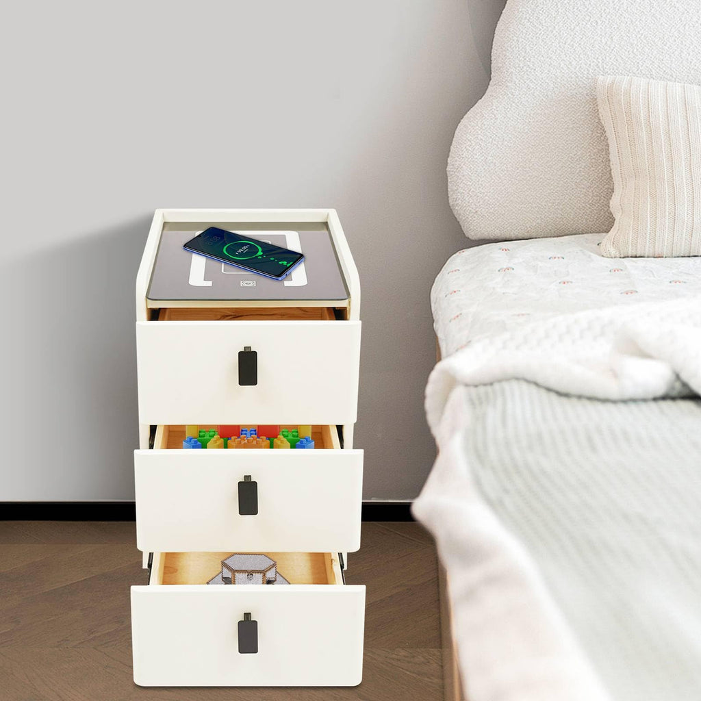 White Smart Nightstand with Wireless Charging Station & Adjustable LED Lights, 3 Drawers F691722