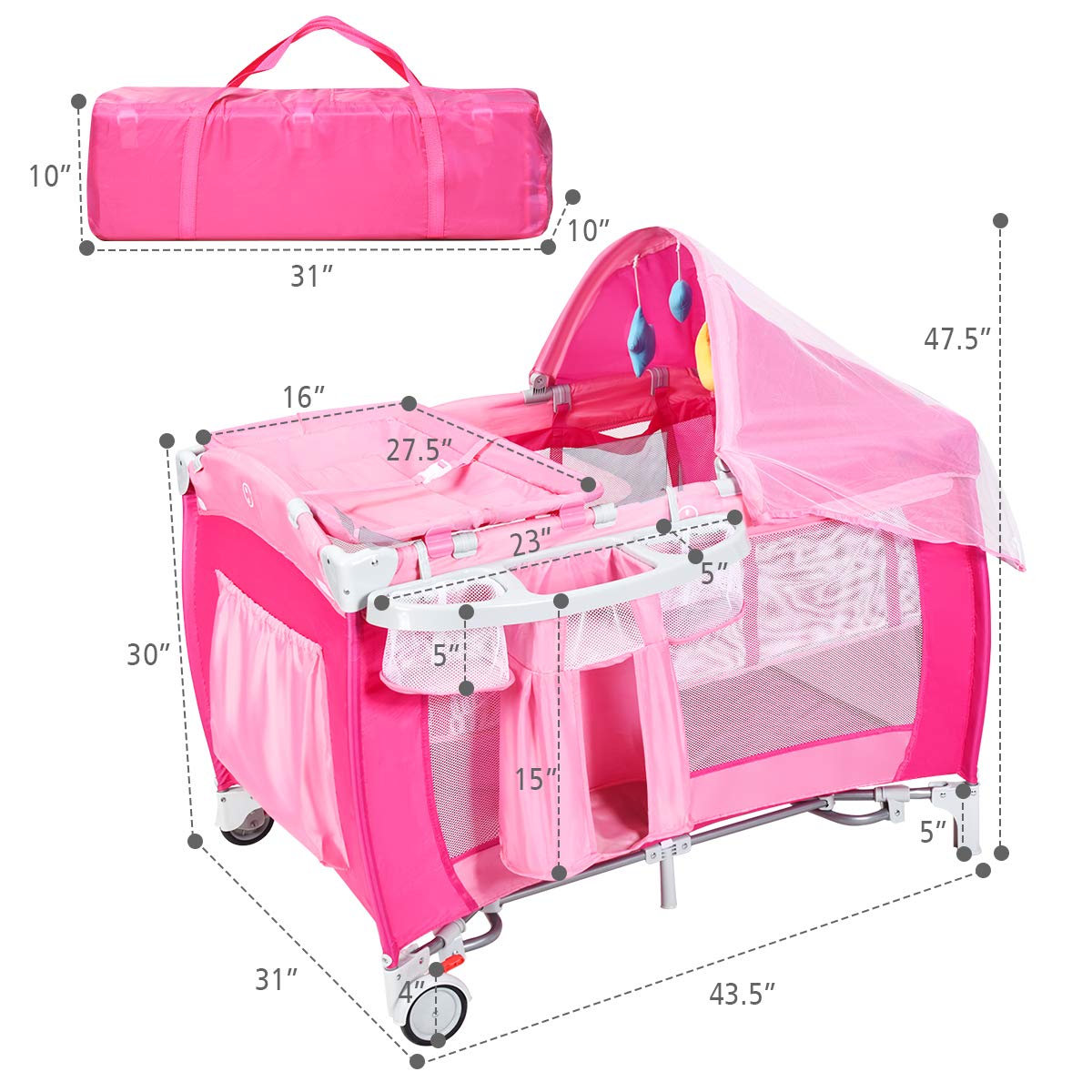 4 in 1 Pink Pack and Play with Bassinet P3416