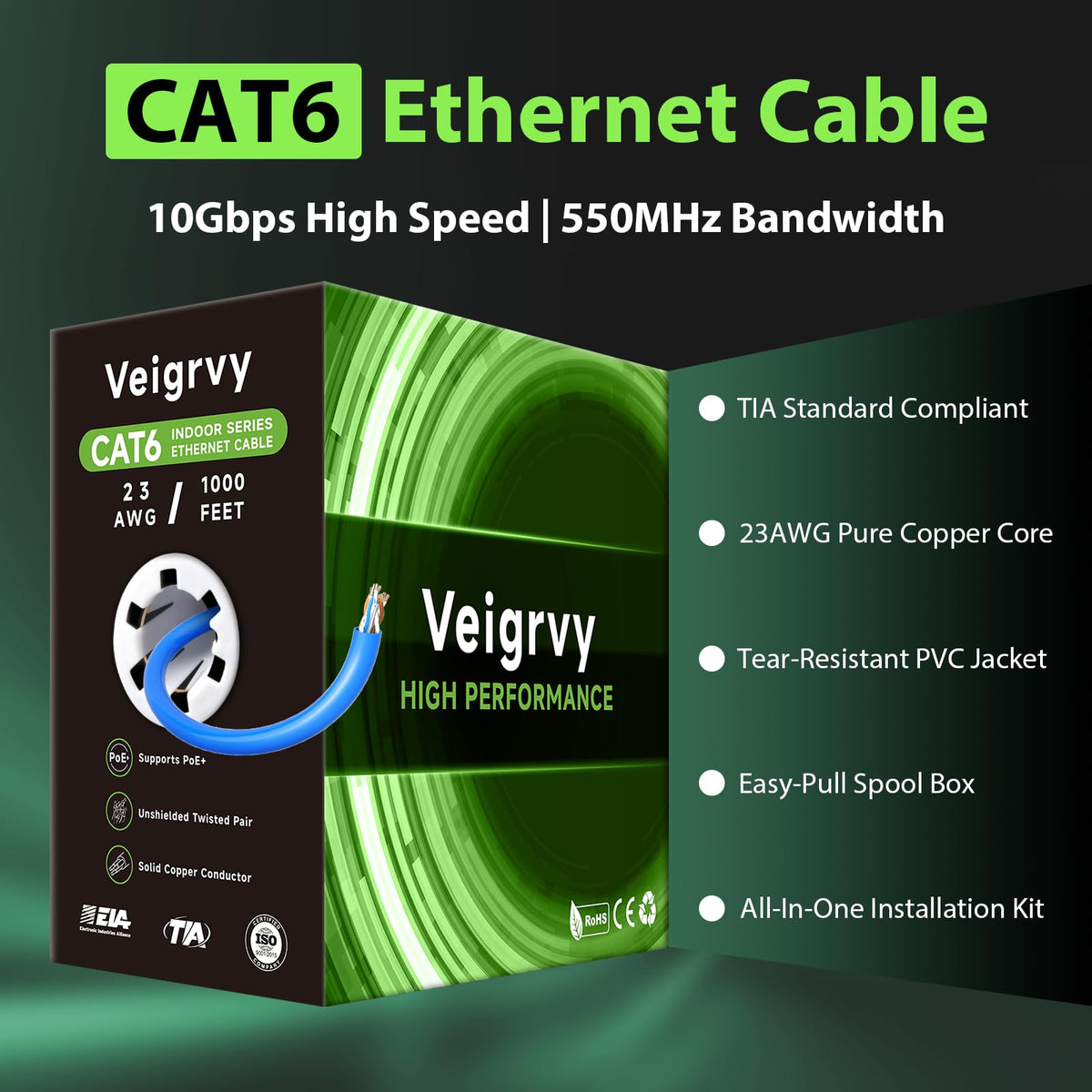 Cat 6 1000 ft 23AWG Solid Bare Copper UTP Ethernet Cable R250