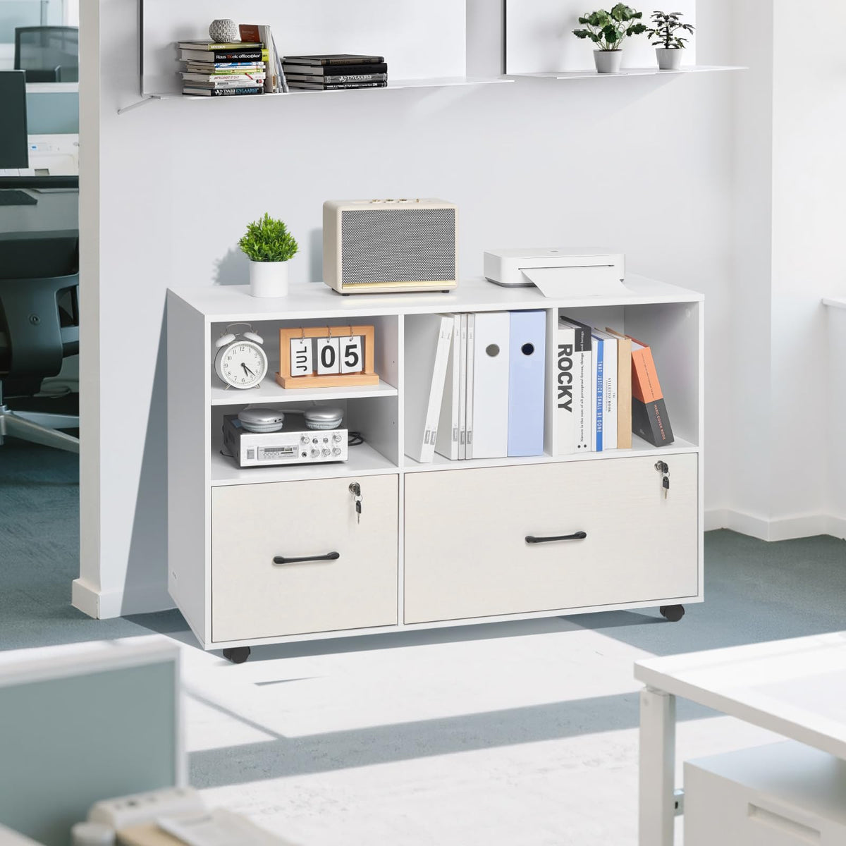 White 2 Drawer Wooden Lockable Mobile File Cabinet Z940