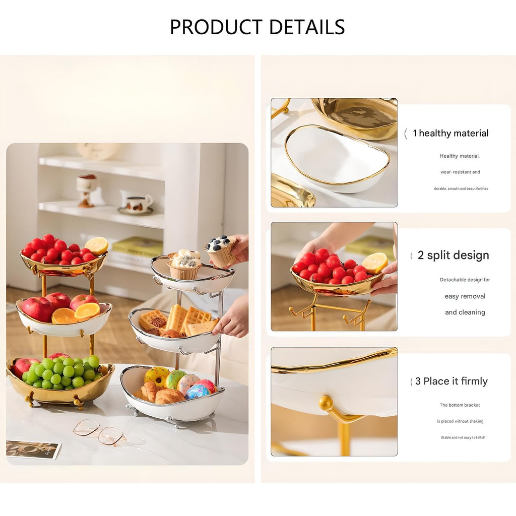 3 Tier Ceramic Fruit Bowl with Metal Stand B489
