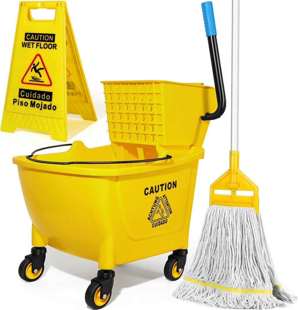 Yellow 35Qt Mop Bucket with Side Press Wringer on Wheels Z162