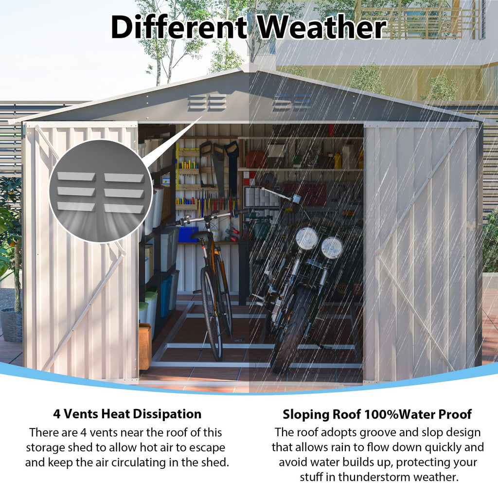 10x14 FT Waterproof Metal Storage Shed with 3 Lockable Doors G39628