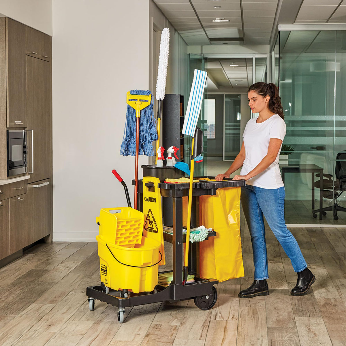 3-Shelf Wheeled Cleaning Cart with Yellow Vinyl Bag F495862