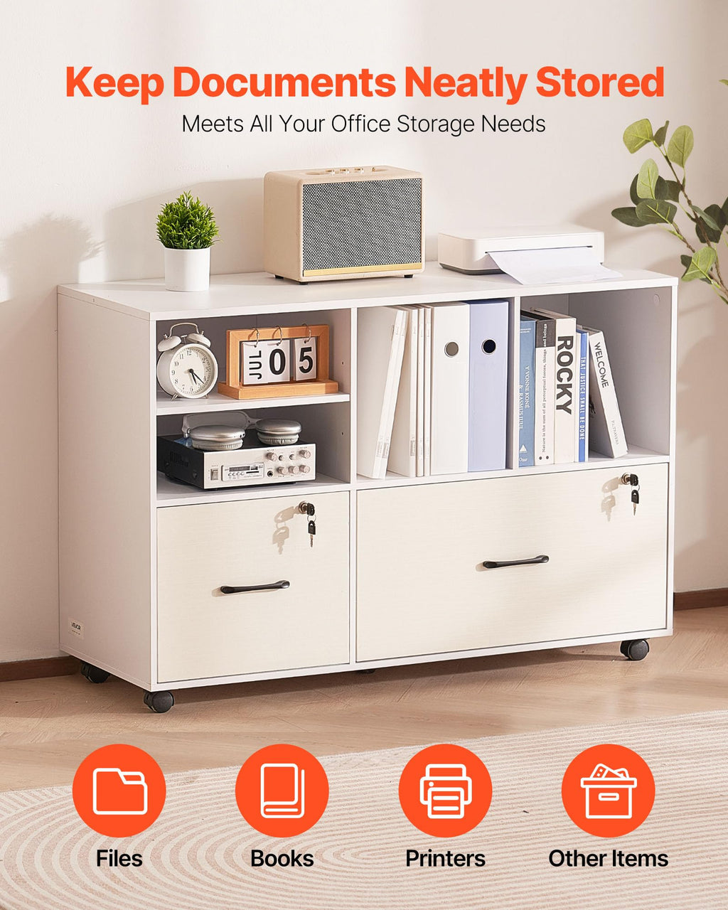 White 2 Drawer Wooden Lockable Mobile File Cabinet Z940