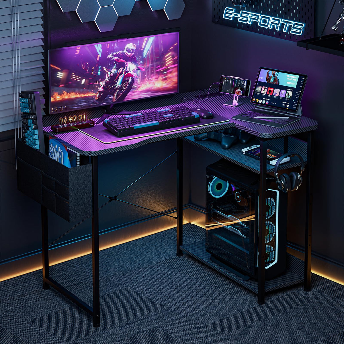 L Shaped Gaming Desk 40 Inch Black Carbon D774