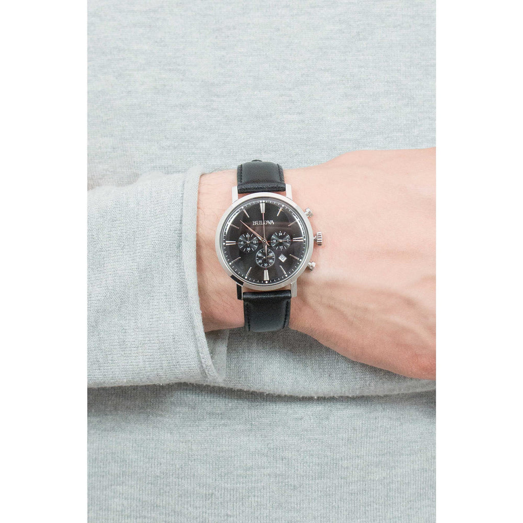 Men's Stainless Steel Chronograph Watch with Black Leather Strap M3890