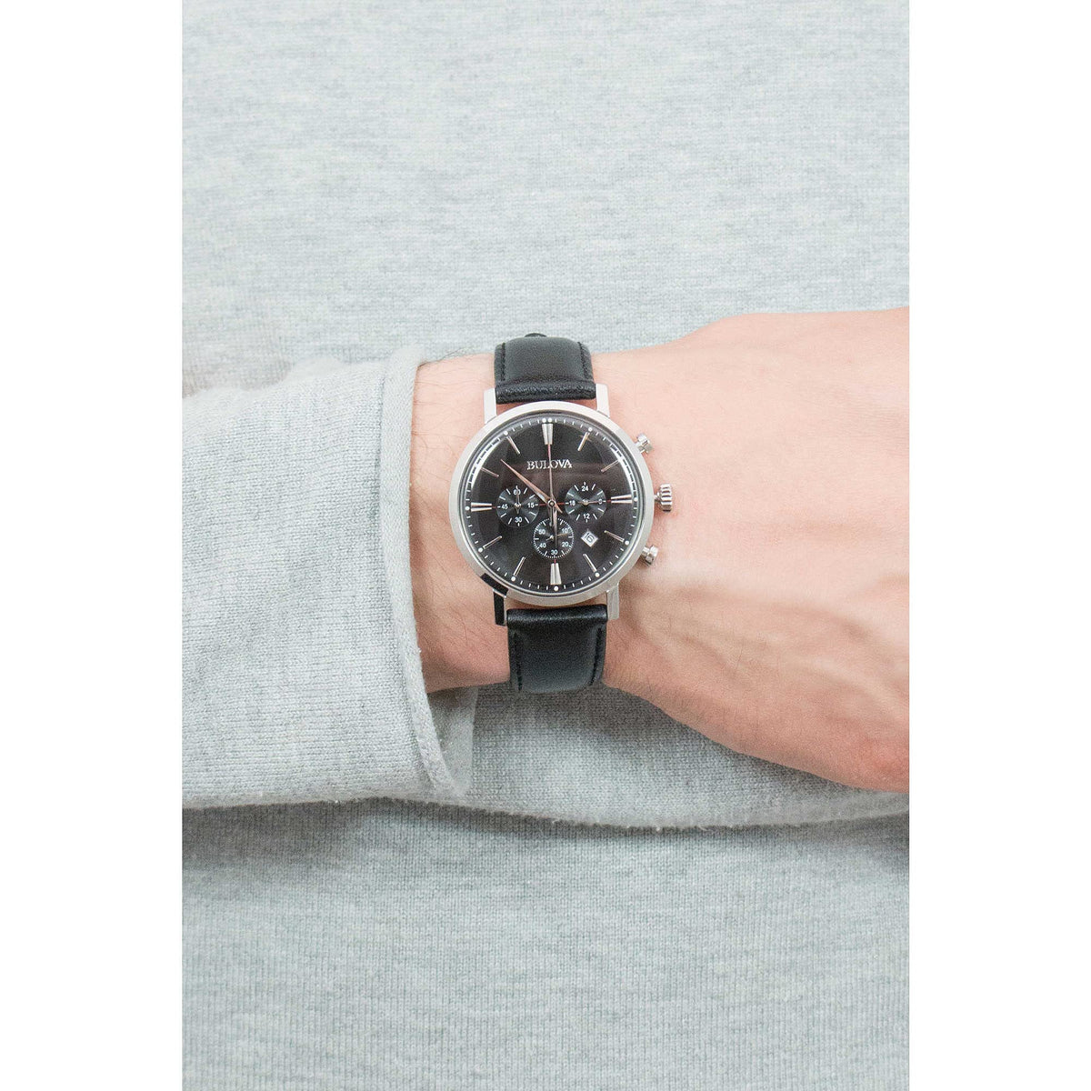 Men's Stainless Steel Chronograph Watch with Black Leather Strap M3890