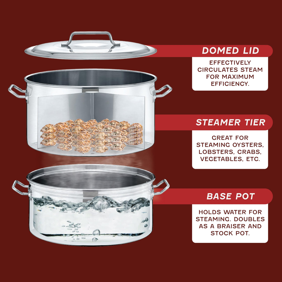 Extra Large Stainless Steel Stock Pot Steamer and Braiser Combo 40 QT H16595