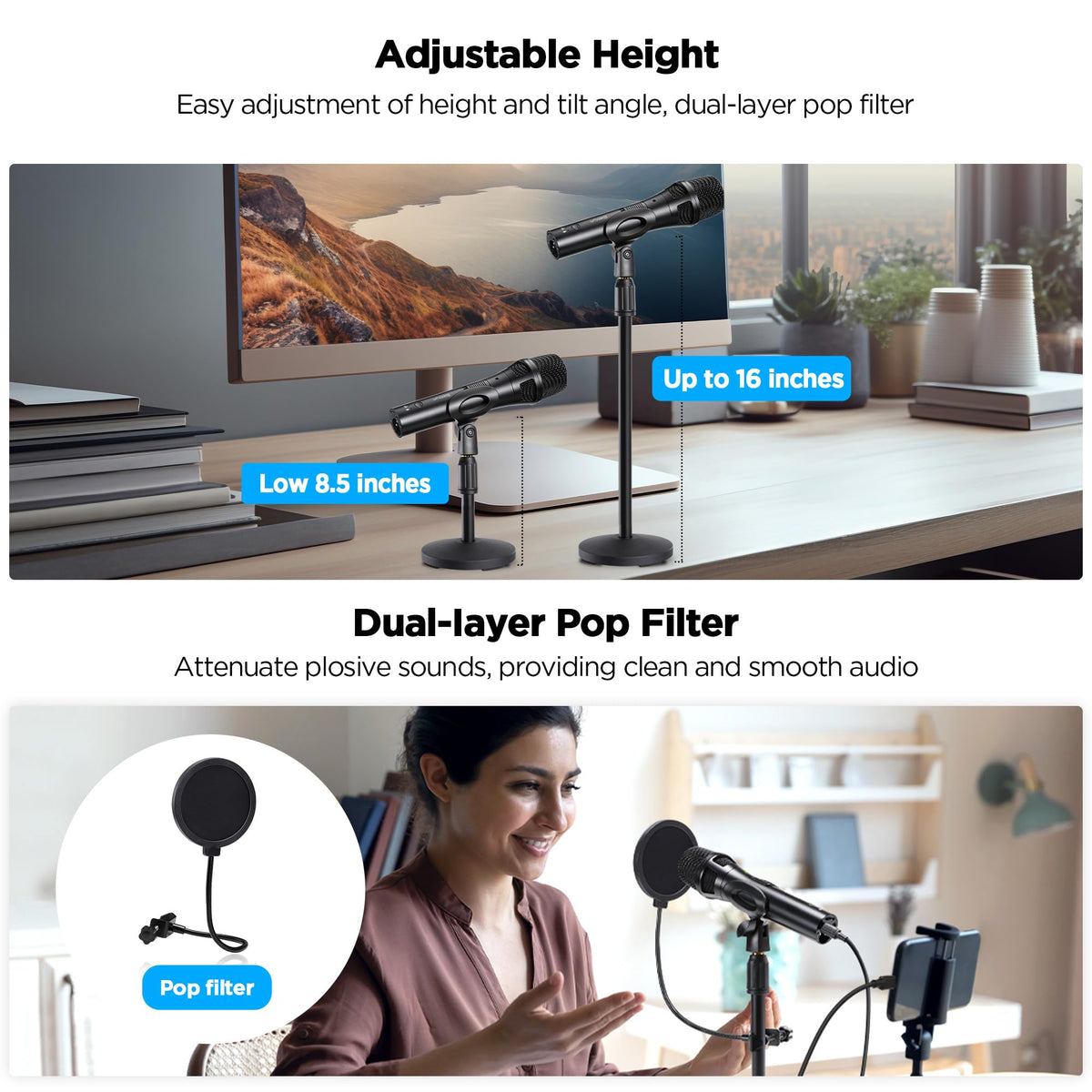 USB Dynamic Microphone with Desktop Stand, Pop Filter, Headphone Jack Y199