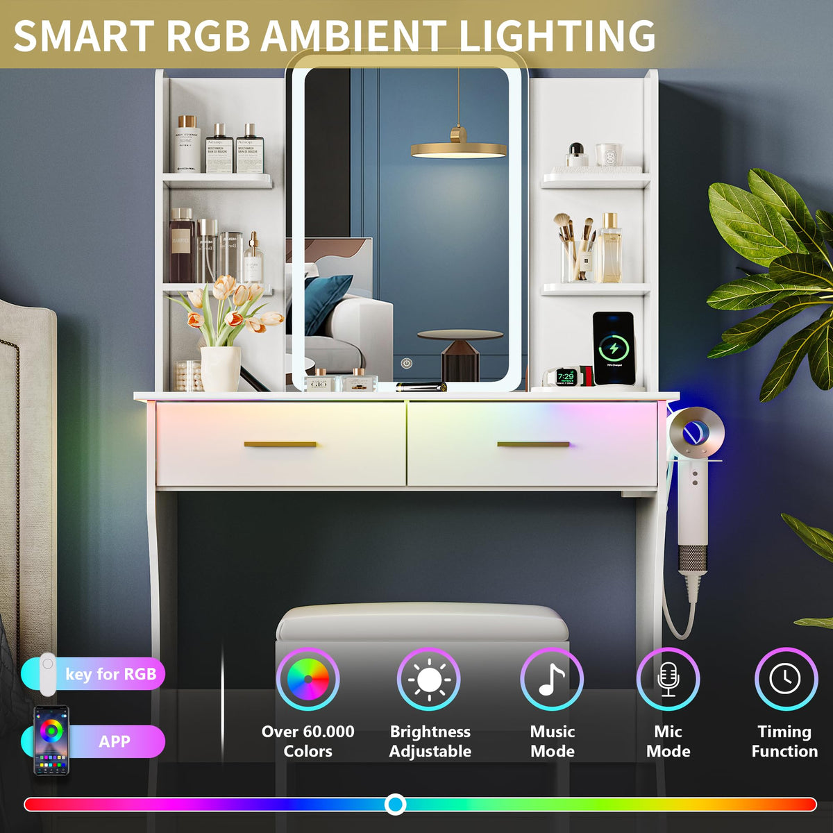 White Vanity Desk with LED Lights Mirror and Chair N41376