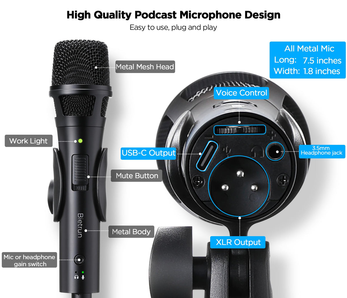 USB Dynamic Microphone with Desktop Stand, Pop Filter, Headphone Jack Y199