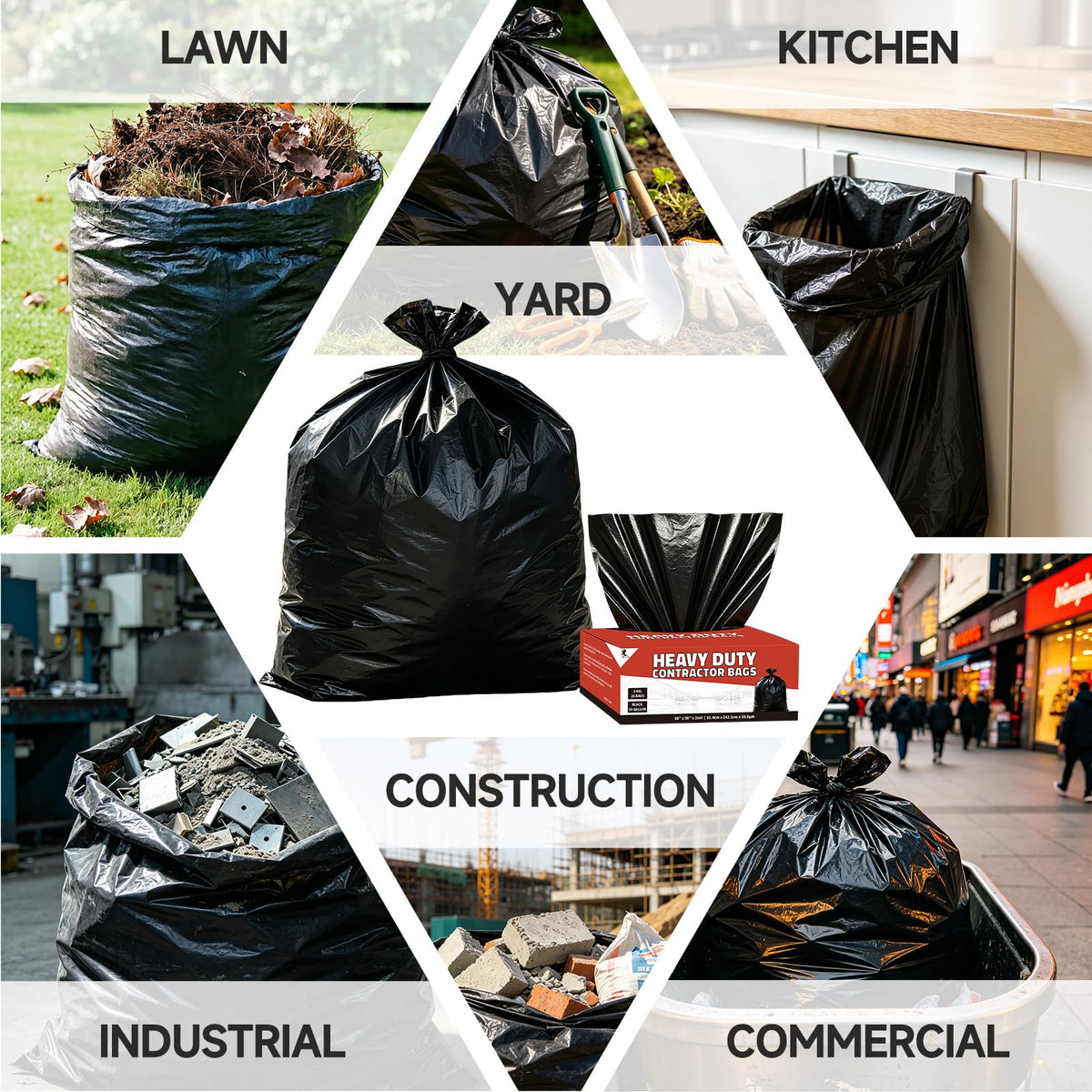 55 Gallon 2 Mil Black Heavy Duty Trash Bags, 20 Count T486623