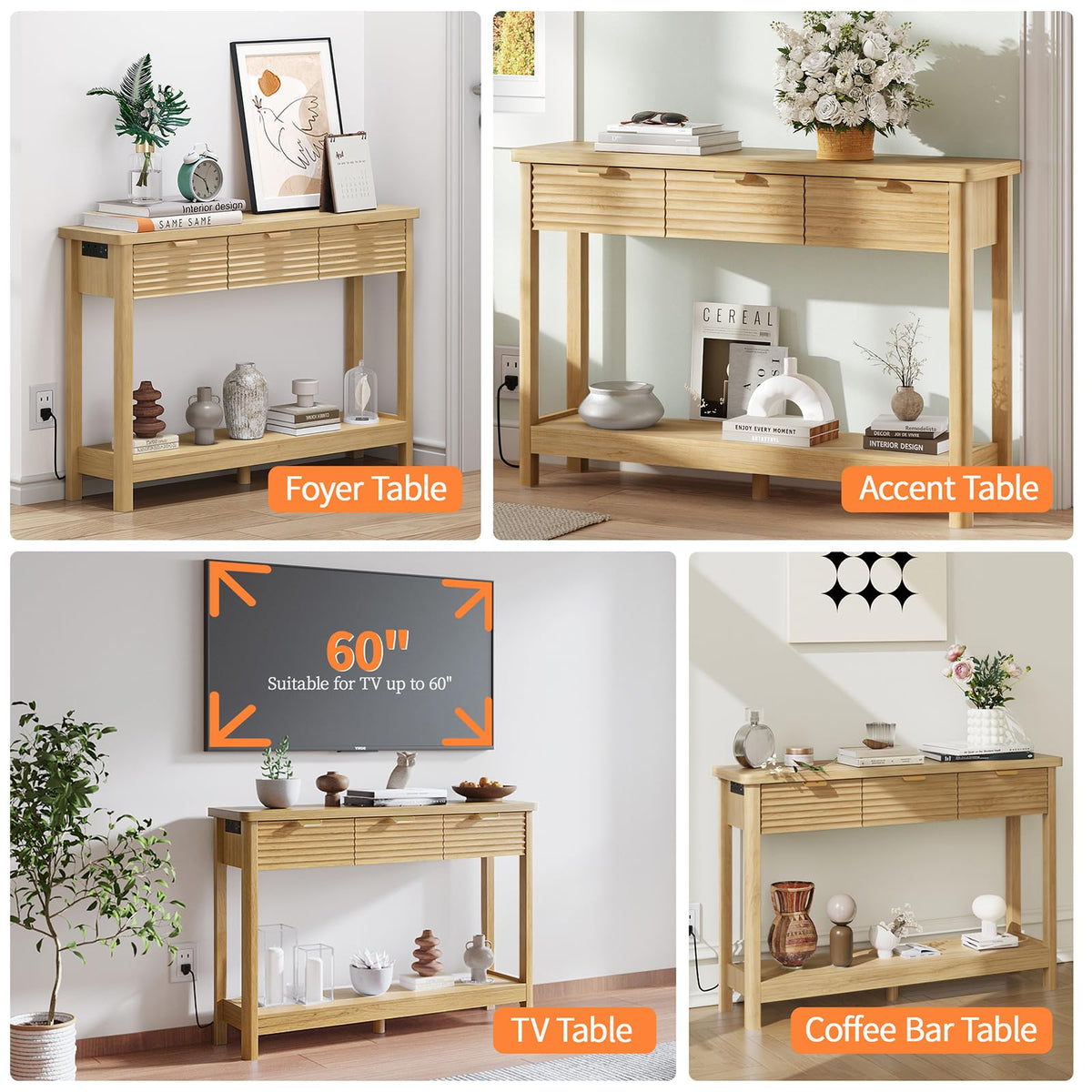 47.2" Narrow Console Table with 3 Drawers & Charging Station, Oak P321