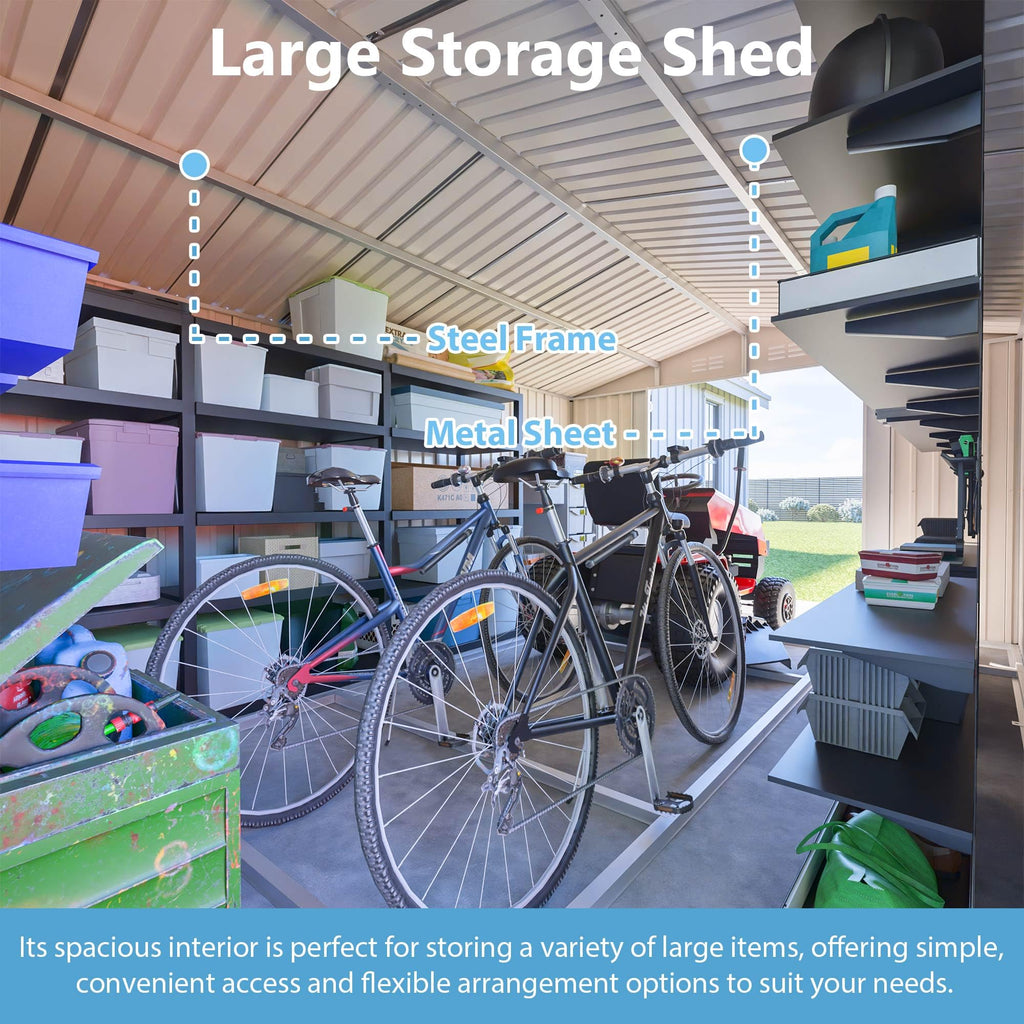 10x14 FT Waterproof Metal Storage Shed with 3 Lockable Doors G39628
