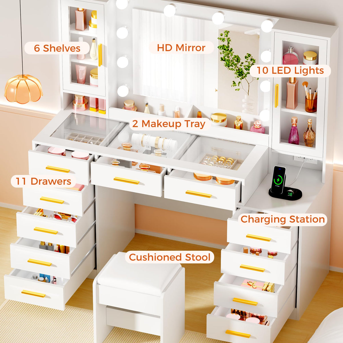 White Glass Top Vanity Desk with Mirror and Lights C57559
