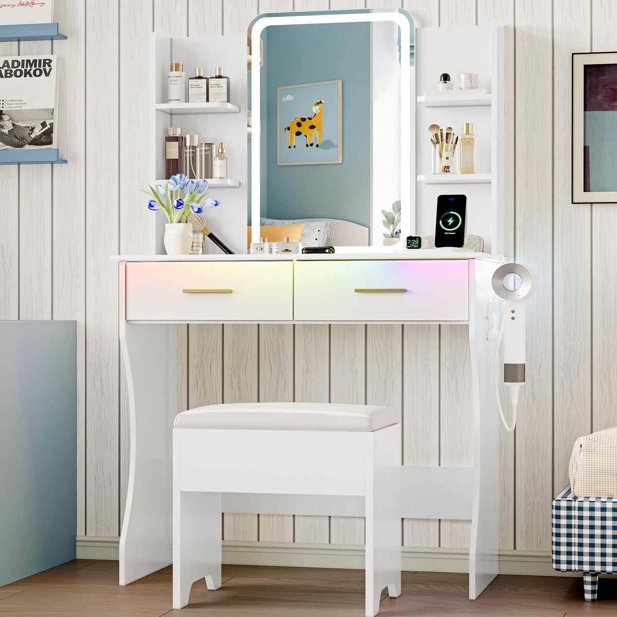 White Vanity Desk with LED Lights Mirror and Chair N41376
