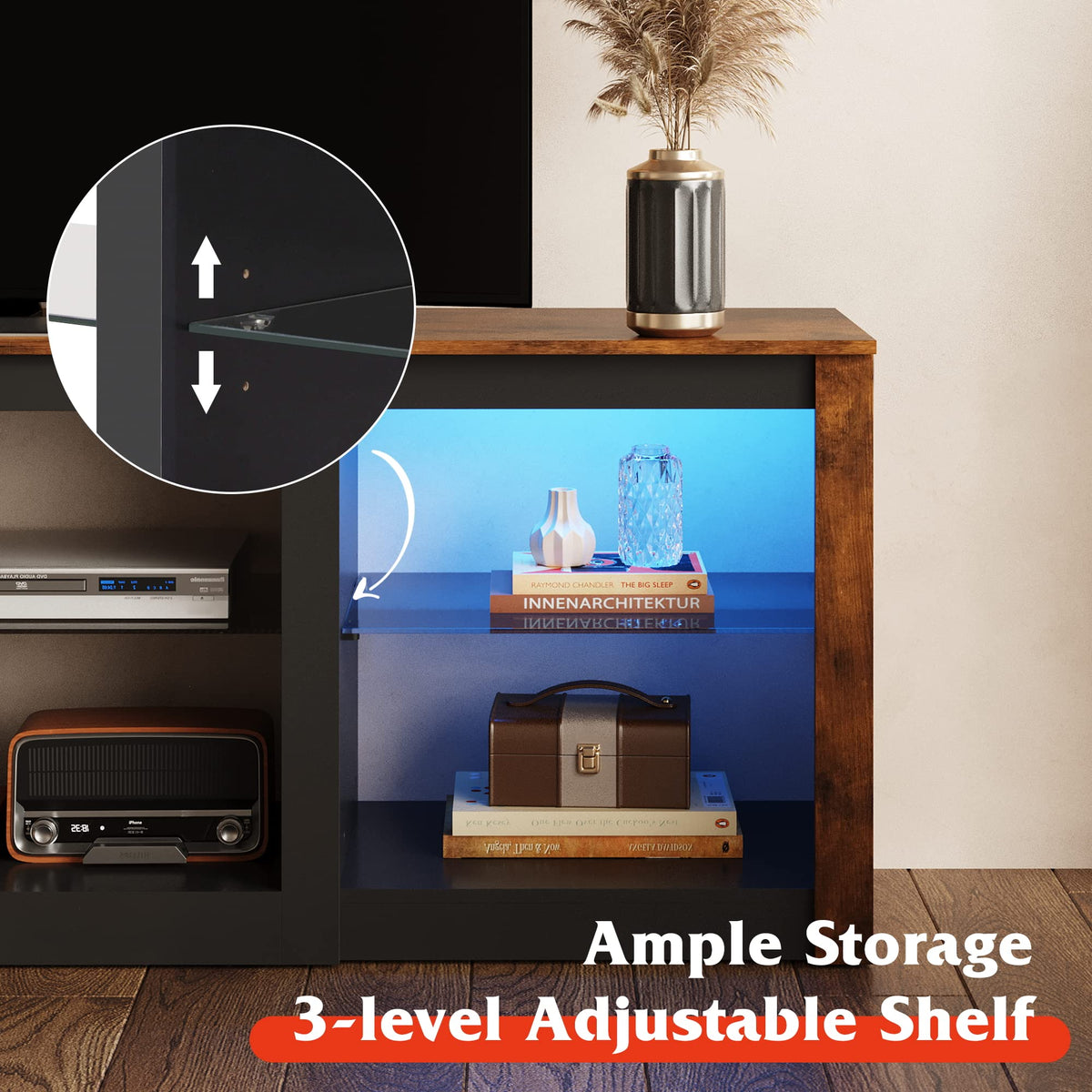 Rustic Brown 58-Inch TV Stand with Adjustable Glass Shelves U689