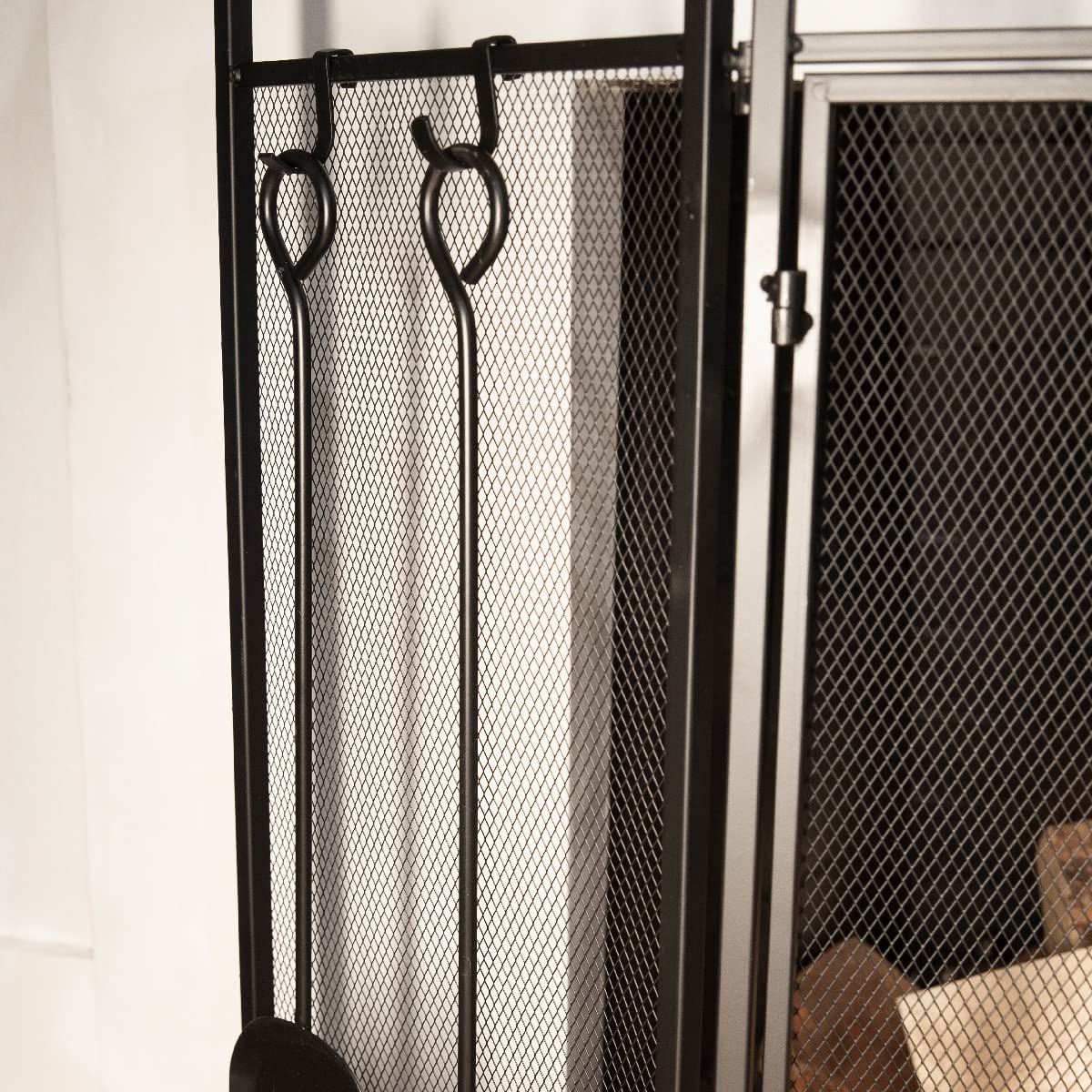 Black 3-Panel Folding Fireplace Screen with Magnetic Doors and 4-Piece Tools Set B1697
