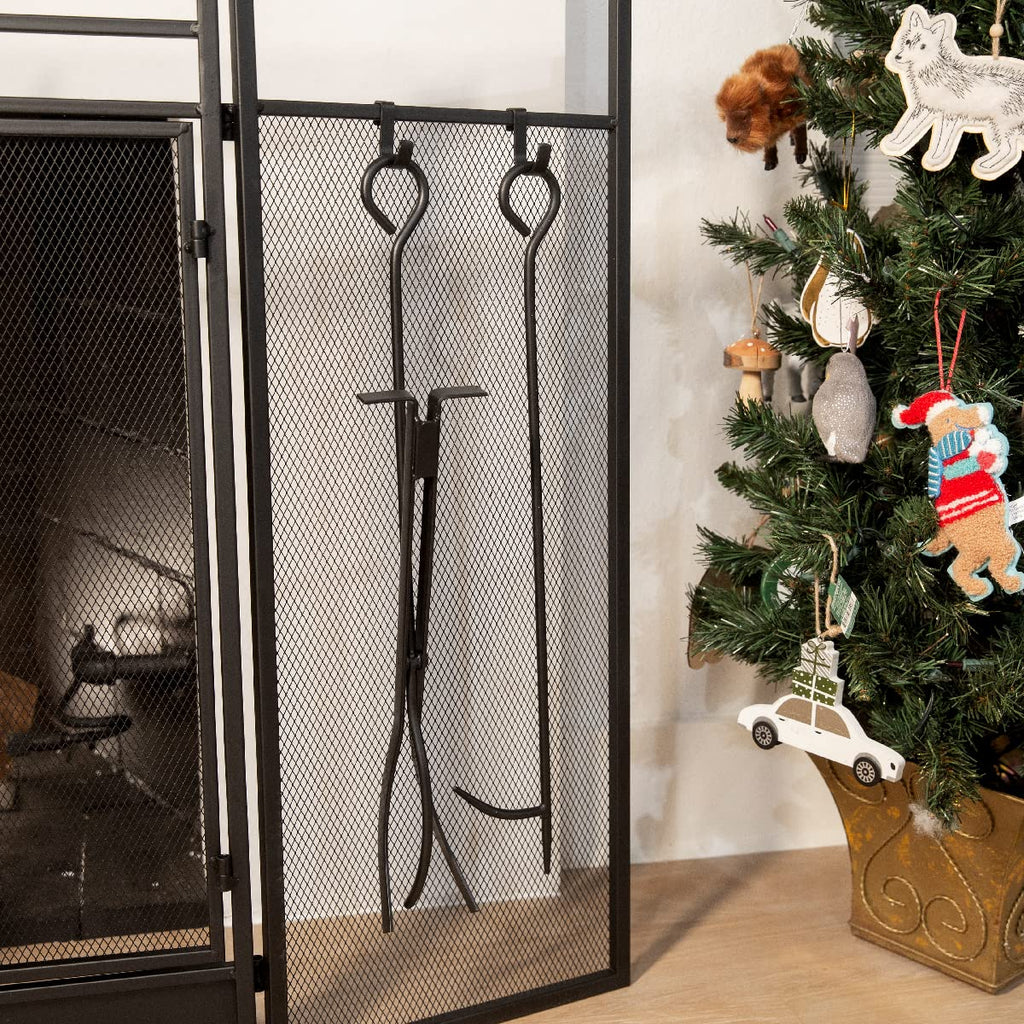 Black 3-Panel Folding Fireplace Screen with Magnetic Doors and 4-Piece Tools Set B1697
