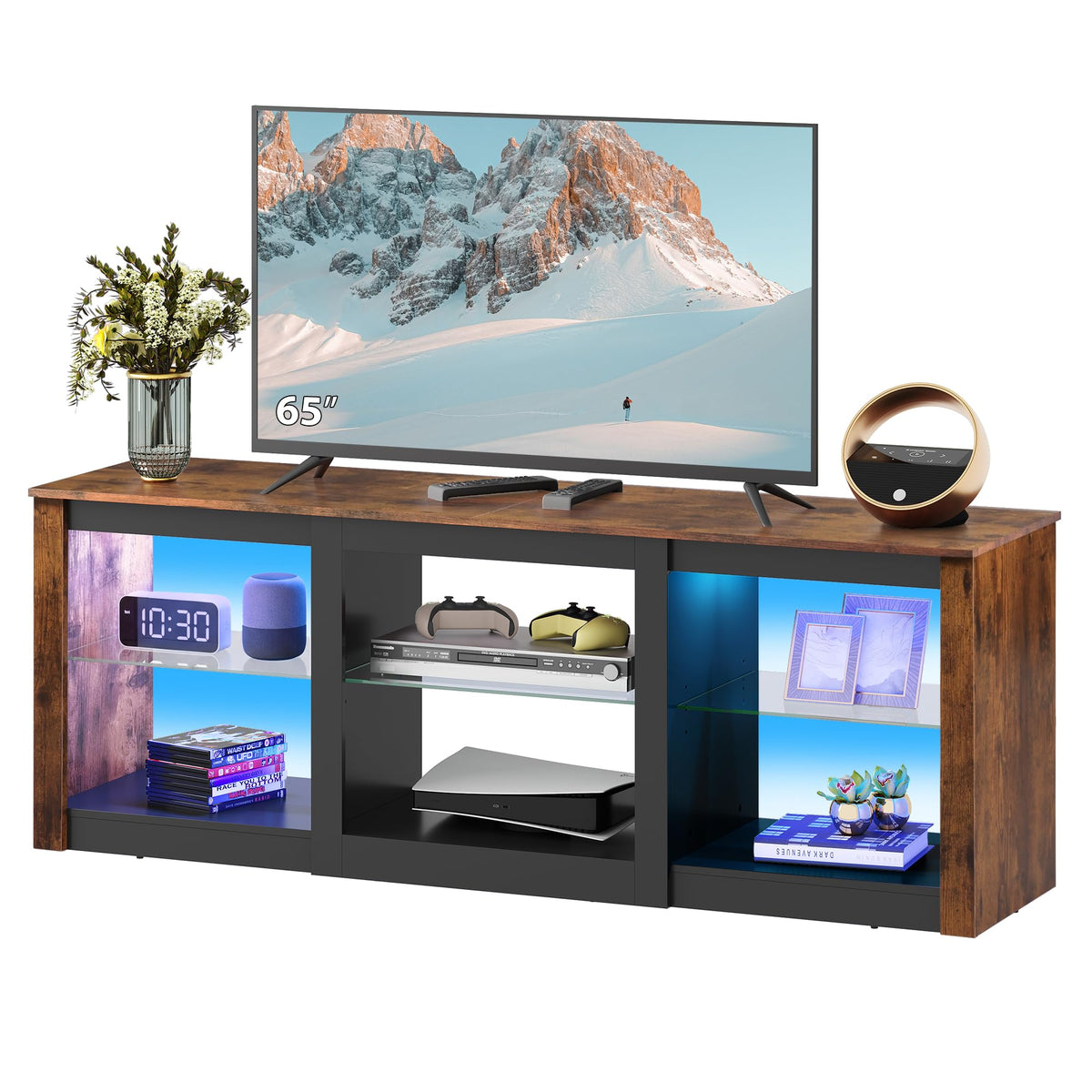 Rustic Brown 58-Inch TV Stand with Adjustable Glass Shelves U689