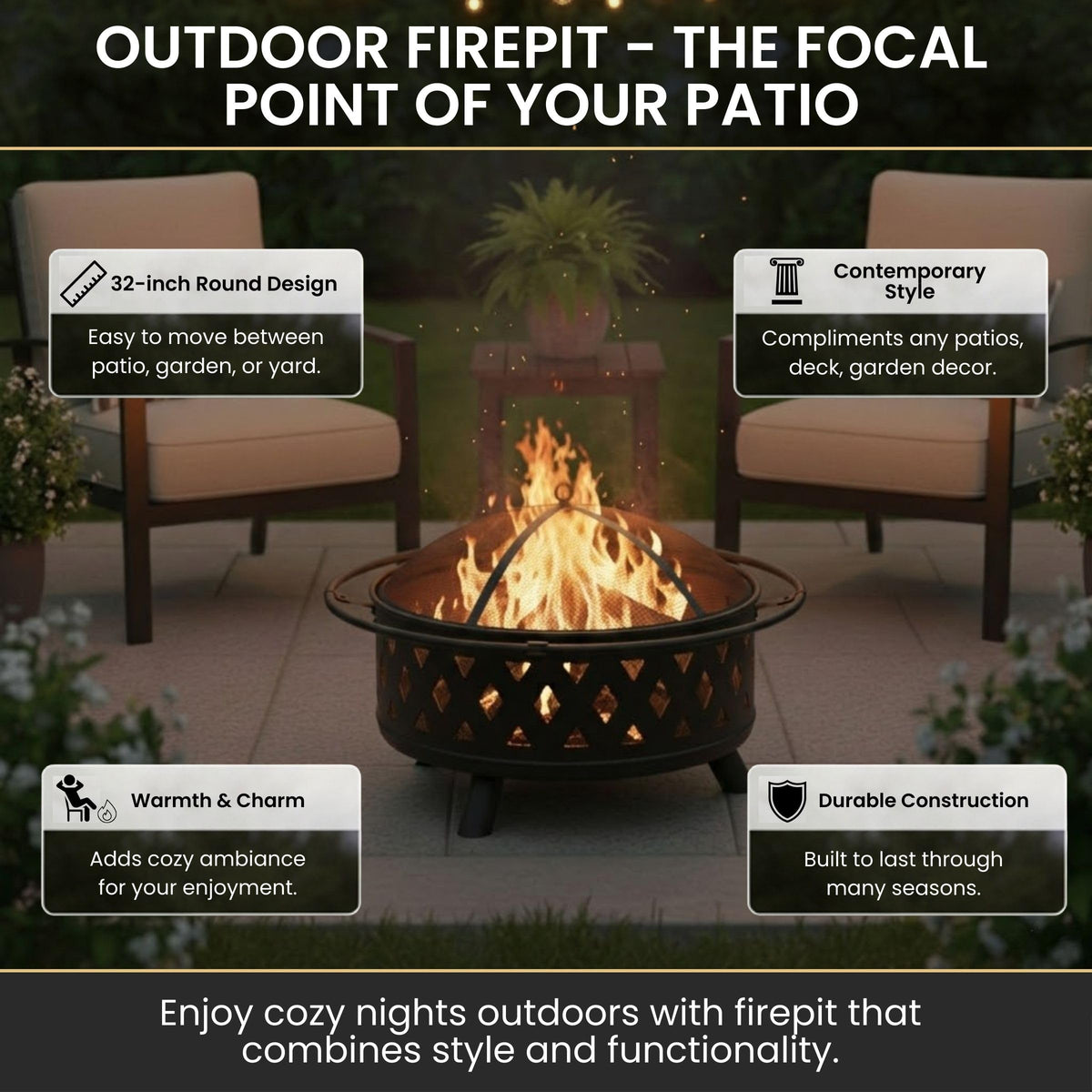 Black 32-Inch Outdoor Fire Pit V4683