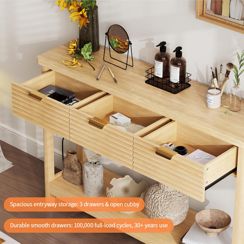 47.2" Narrow Console Table with 3 Drawers & Charging Station, Oak P321