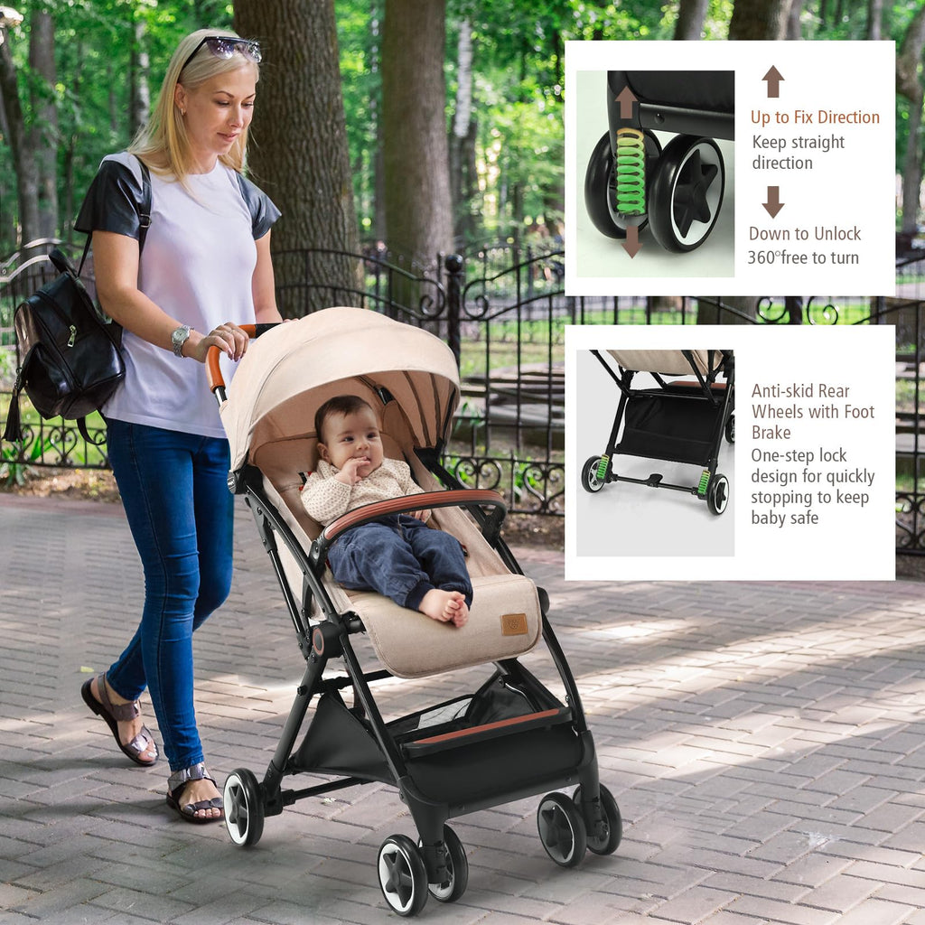 Lightweight Compact Baby Stroller with 5-Point Harness and Storage Basket, Beige R5907