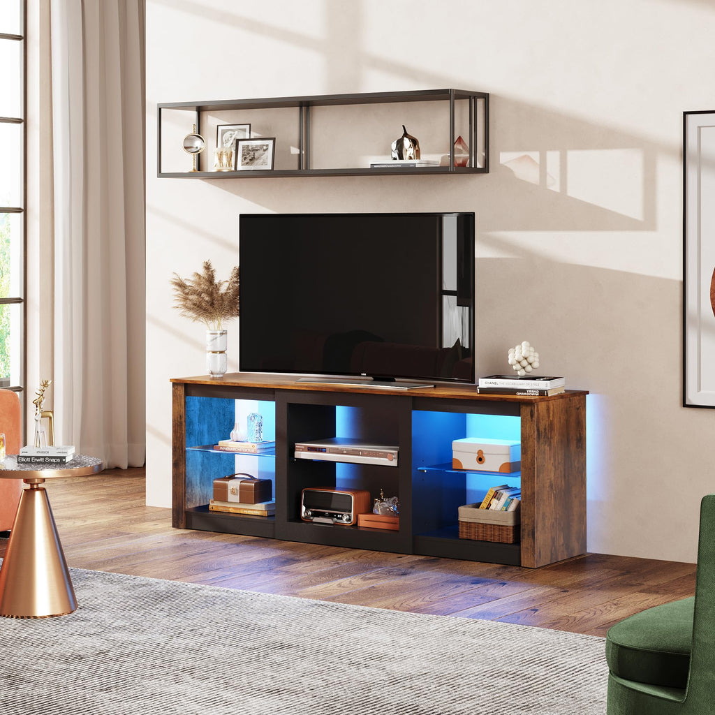 Rustic Brown 58-Inch TV Stand with Adjustable Glass Shelves U689