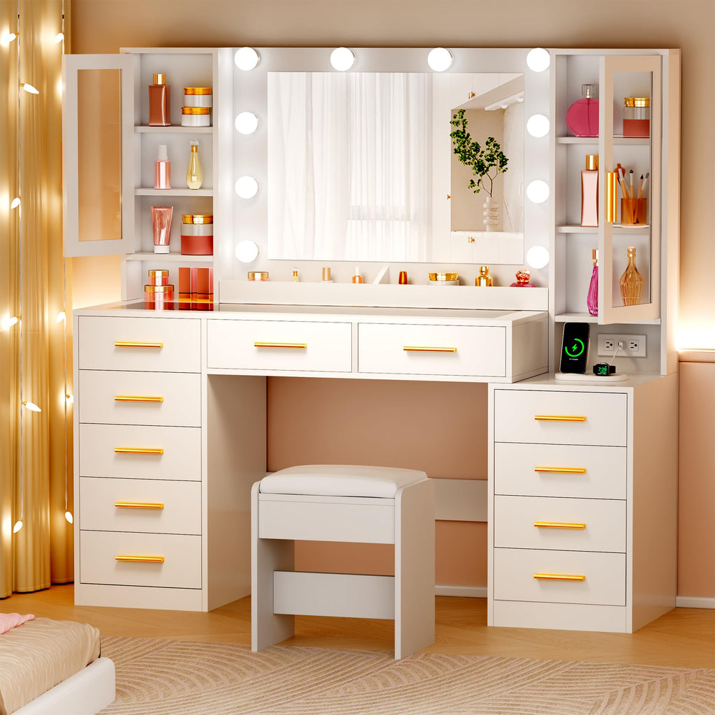 White Glass Top Vanity Desk with Mirror and Lights C57559