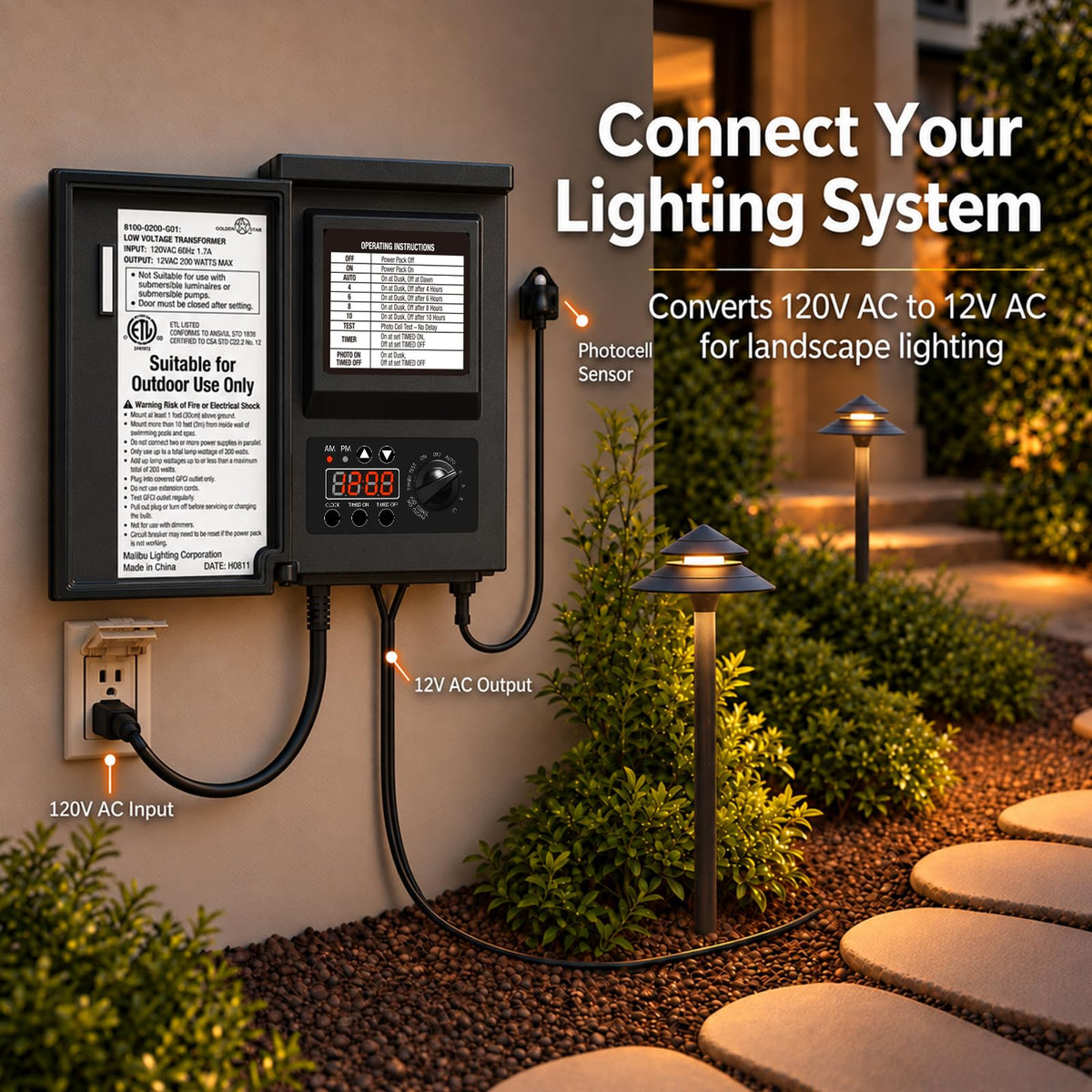 200W Low Voltage Transformer with Sensor and Weather Shield N390