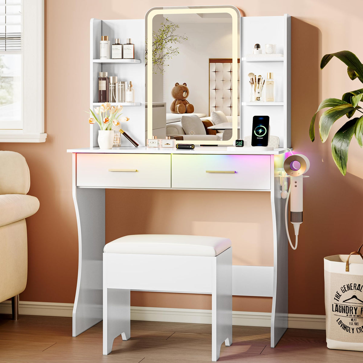 White Vanity Desk with LED Lights Mirror and Chair N41376