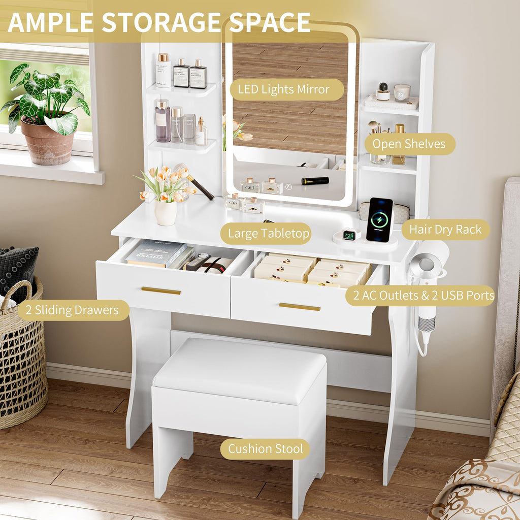 White Vanity Desk with LED Lights Mirror and Chair N41376