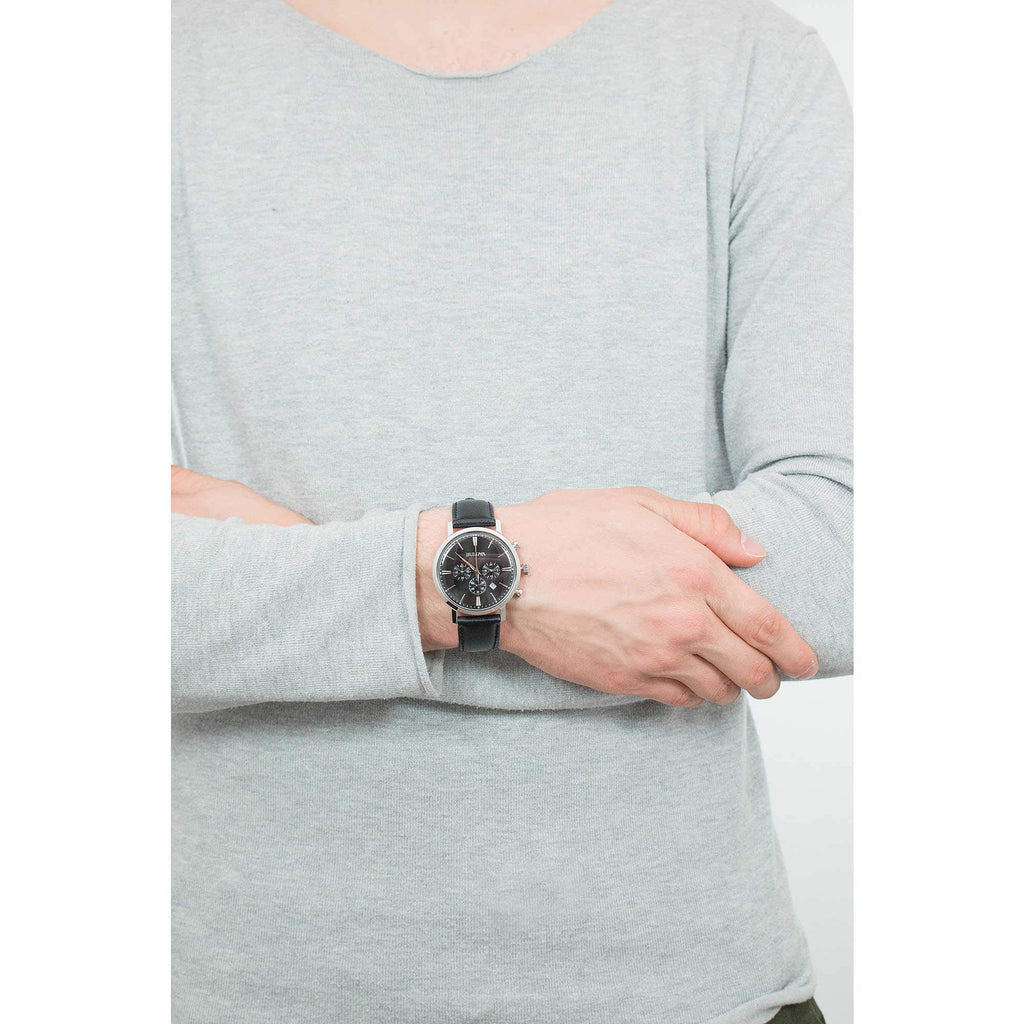 Men's Stainless Steel Chronograph Watch with Black Leather Strap M3890